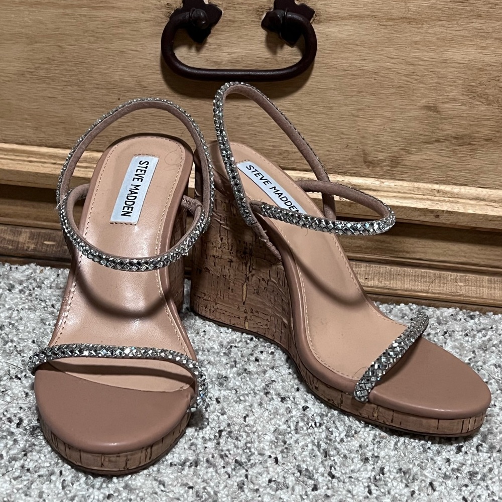 Steve Madden Blush Tan Wedge Sandals with Rhinestone Straps